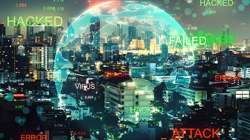 Hi-tech futuristic cityscape with cyber-security warnings overlay