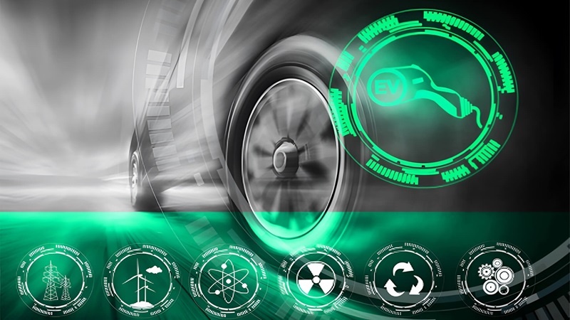 Close up of car in motion with green energy icon overlays