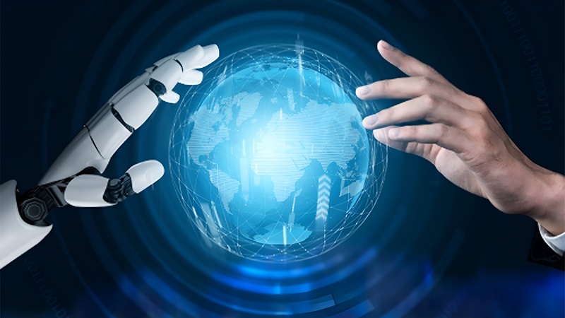 Robot and human hands touching holograph image of Earch