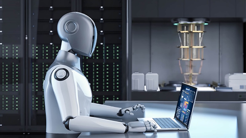Robot sitting at a desk using a computer